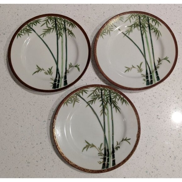 Set Of 3 Kutani Eggshell China bread dessert Plates Bamboo Design Geometric Bord - Picture 2 of 11